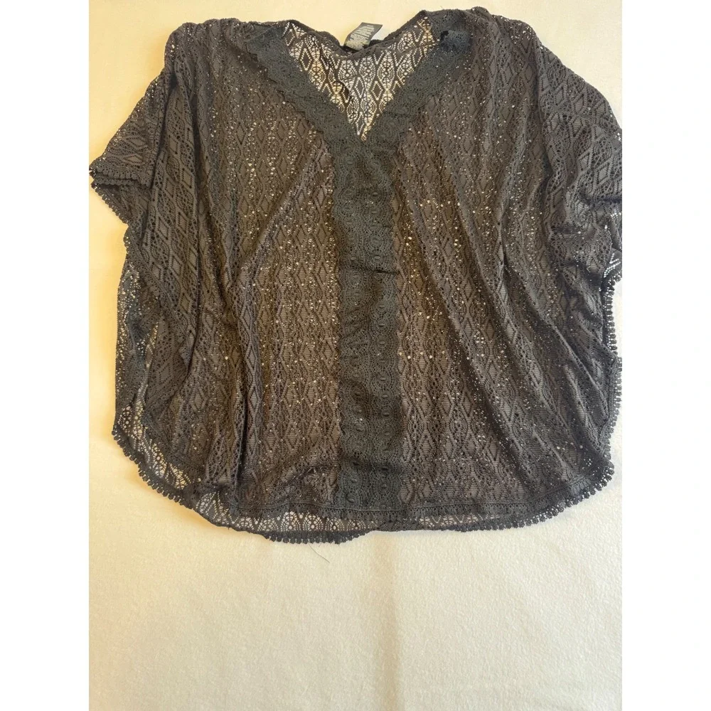 Boho Catalina Swim Cover Up Women Medium Black Crochet Lace Geometric Kaftan‎